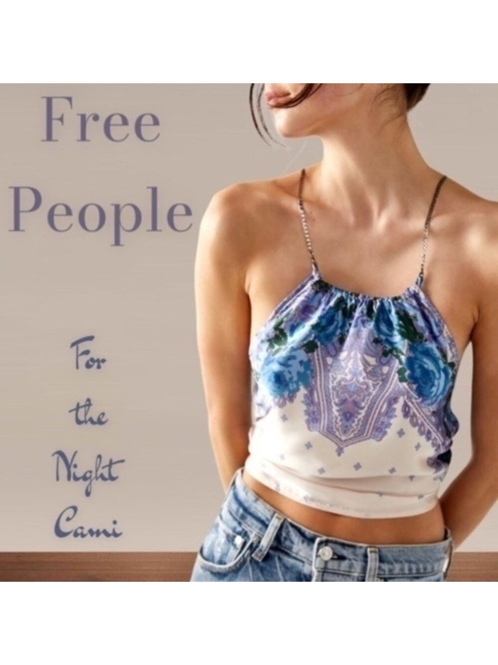 FREE PEOPLE For The Night Silver-Chain-Strap Open Back-Tie Satin Cami-Lg NWT